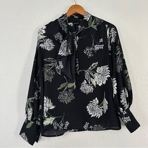 🦋 Who What Wear Black Green Tie Front Long Sleeve Blouse Small